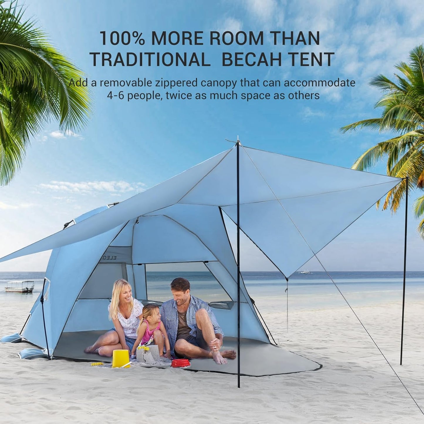 Elegear Beach Tent with Canopy, 1-Second Setup Pop Up Sun Shelter Shade, UPF 50+ UV Protection Silver-Coated Lightweight Portable Beach Cabana
