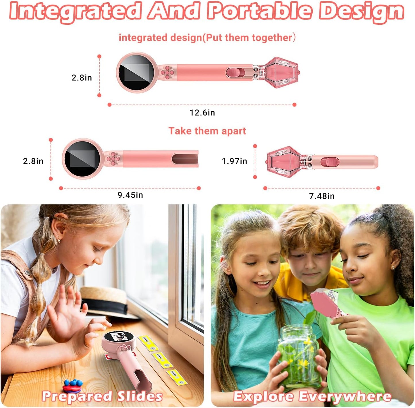 2 in 1 Kids Microscope with Bug Catcher,HD 500X Digital Microscope for Kids with 2" Screen,Photo and Video,STEM Educational Science Kit Learning Toys for Age 3-12 Girls & Boys Birthday Gifts (Pink)