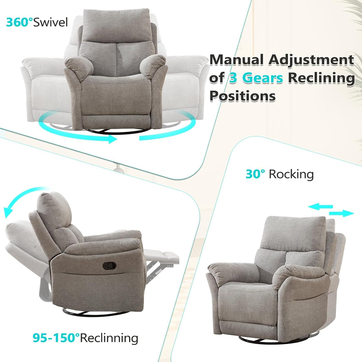 ANJ Manual Fabric Recliner Chairs, Set of 3, Swivel Rocker Glider, Silver
