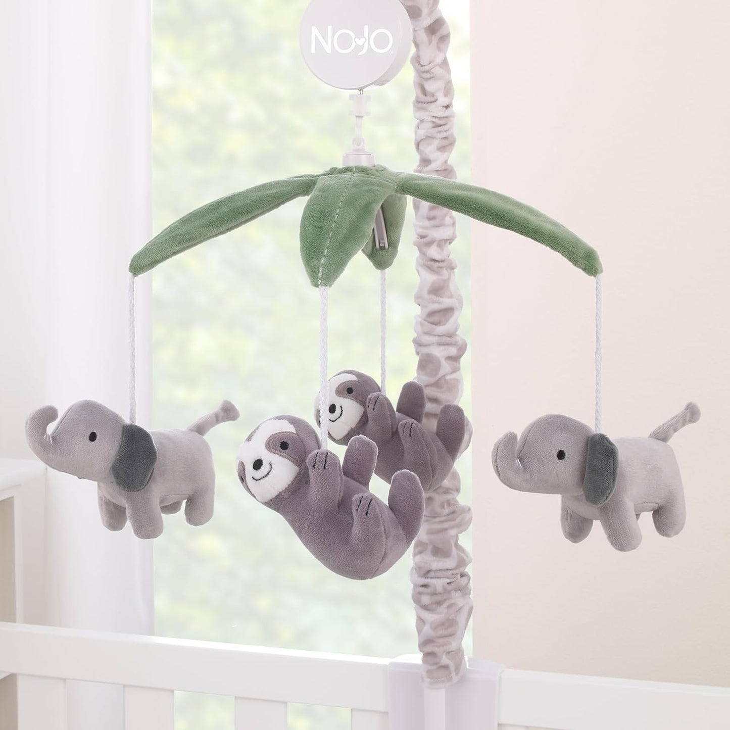 NoJo Plush Giraffe Taupe, Green, and Gray Elephants and Sloth's Musical Mobile