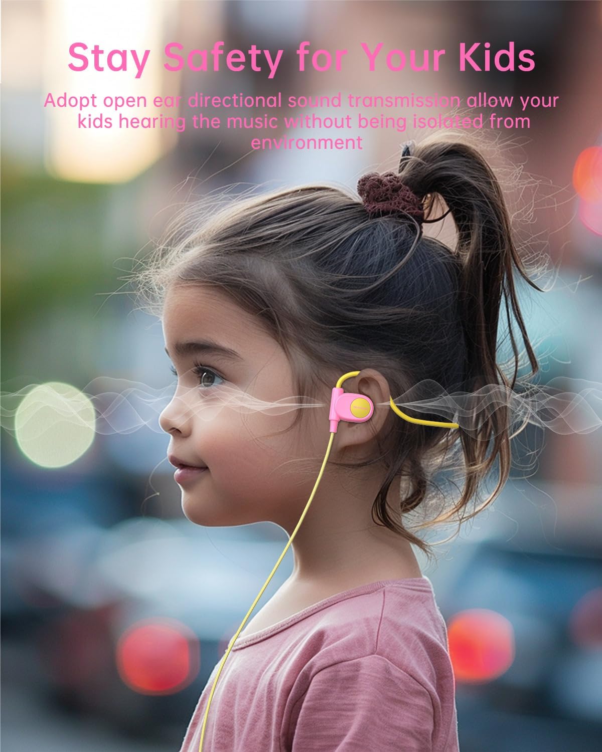 Kid Headphones for School, Air Conduction Open Ear Headphones, 3.5mm Jack Wired Cord, Ultra-Comfort, Ergonomic and Lightweight Design Perfect for School and Outdoor Activities-Yellow Pink