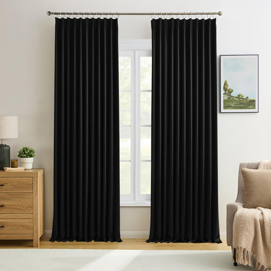 KEQIAOSUOCAI 72 Inch Wide Black Pinch Pleated Curtains 72 x 95, Thermal Insulated Noise Cancelling Living Room Office Drapes 95 Inches Long, Patio Sliding Glass Door Window Curtain 2 Panels
