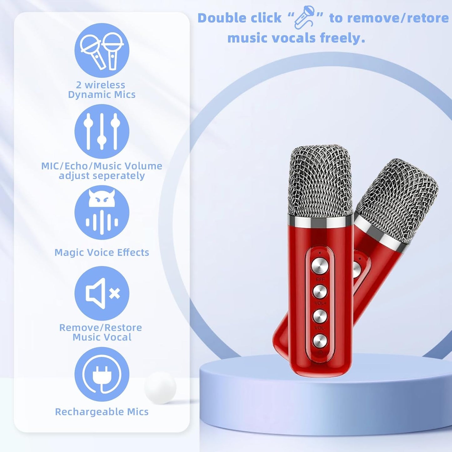 Karaoke Machine for Kids Adults - Portable Bluetooth Speaker with 2 Wireless Microphones, Singing Machine for Party, Birthday Gifts for Girls Boys Ages 4, 5, 6, 7, 8,9,10,11, 12+ Years Old