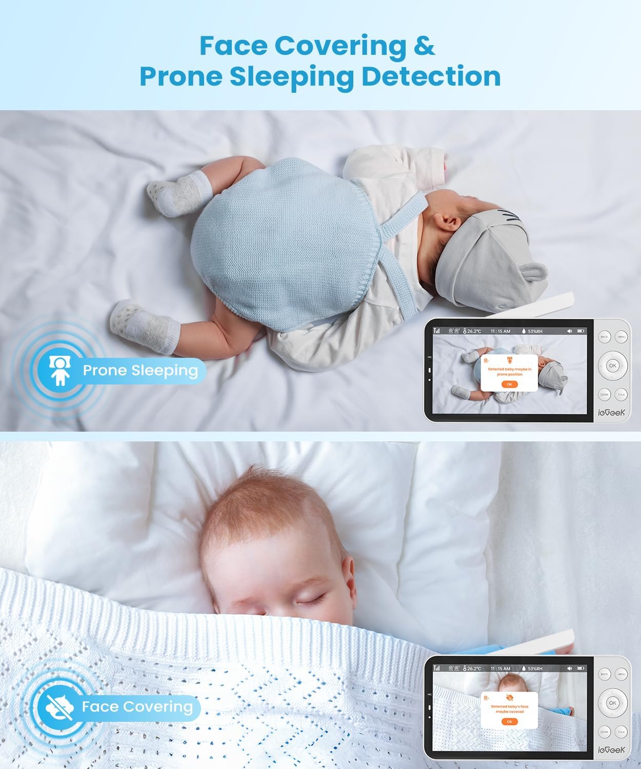 ieGeek 5.5’’ Split-Screen Baby Monitor,2.5K UHD Baby Monitor with 2 Cameras and Audio,Night Light,Prone Sleeping&Cry Detection,Two-Way Talk,Night Vision,2.4G&5Ghz WiFi App Control,4000mAh Battery