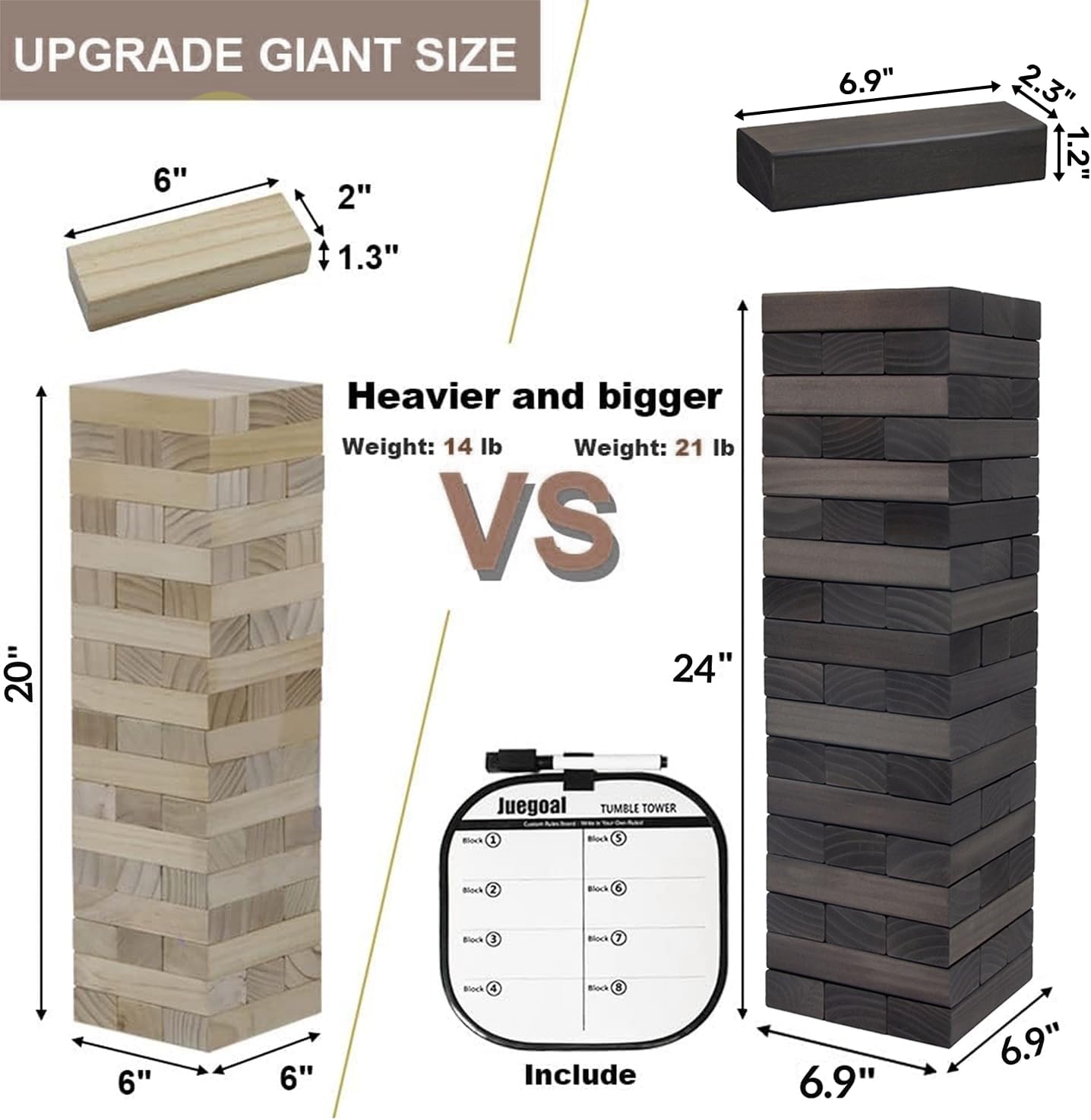 Juegoal 54 Piece Giant Tumble Tower Grey for Adult Kids Family, Wooden Block Stacking Game with Gameboard & Canvas Bag, Outdoor Games for Backyard Lawn Party Playing, 6.9 x 6.9 x 24 Inches,X-Large