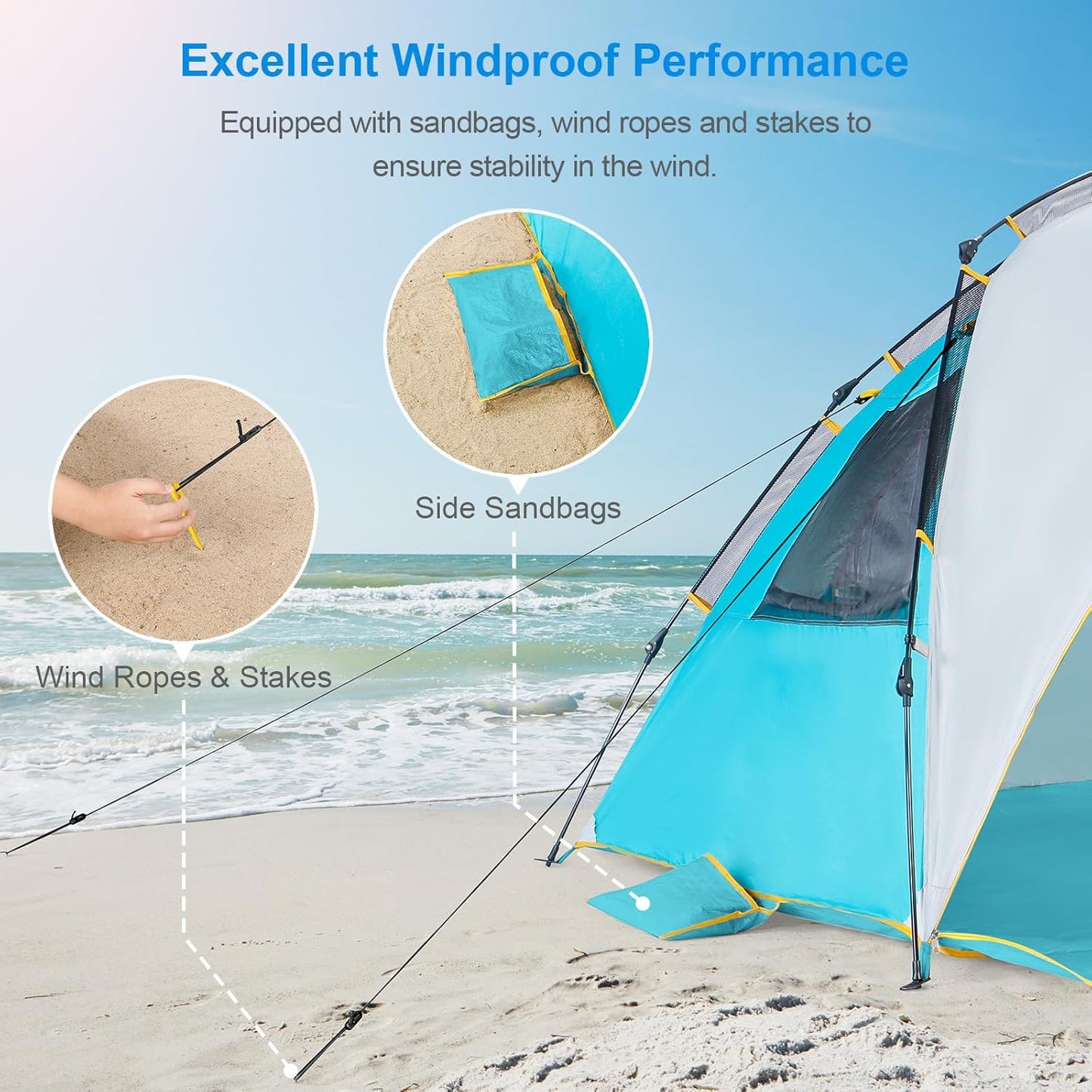 WolfWise 6-7 Person Easy Up Beach Tent UPF 50+ Portable Instant Sun Shelter Canopy Umbrella with Extended Zippered Porch, Blue
