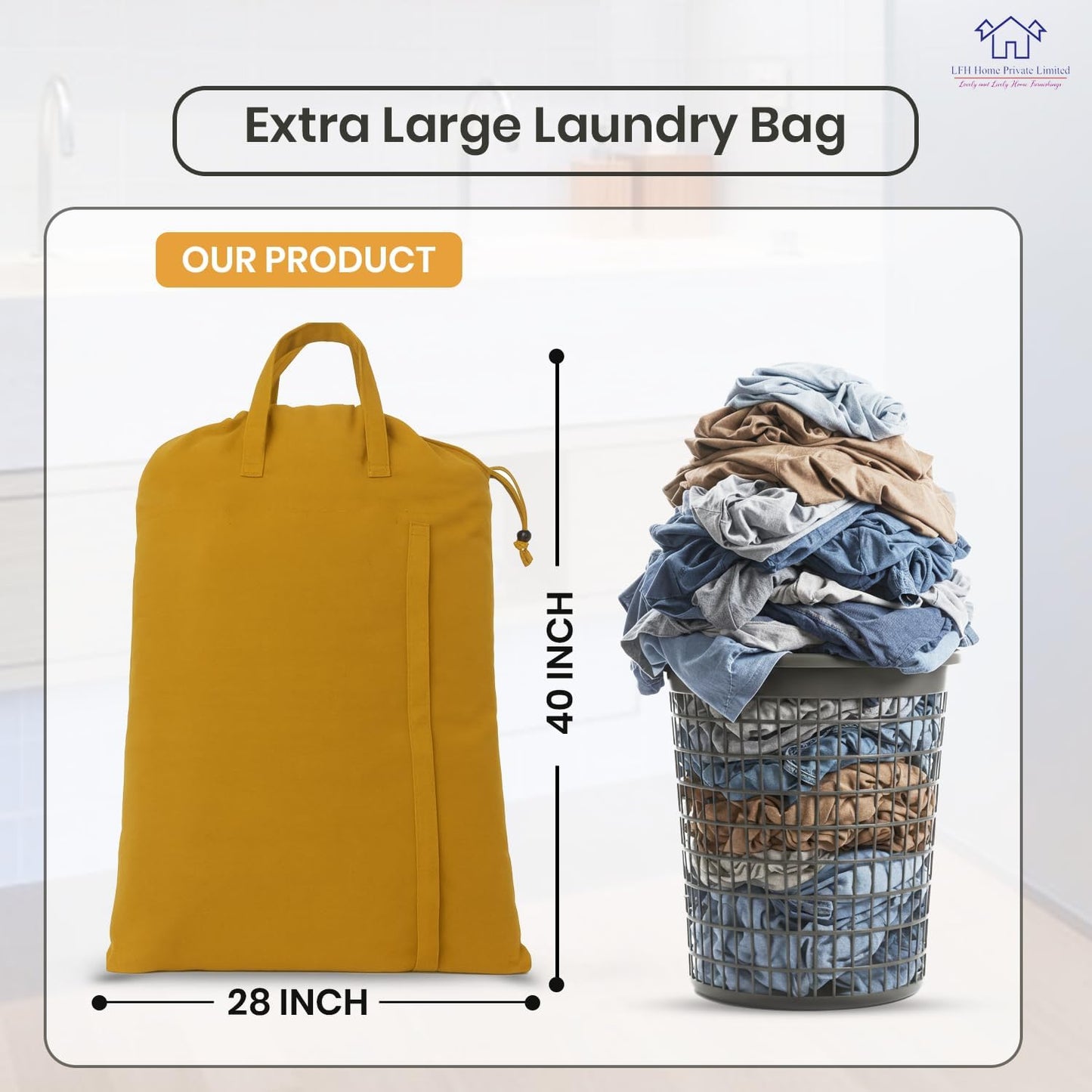 LFH Home Cotton Canvas Large Laundry Bag with Handle, Heavy Duty Drawstring Closure Washable Laundry Bags, School Travel, Home, Hotel, College Dorm, Organizer Sack, Toys Clothes 28x40-Yellow