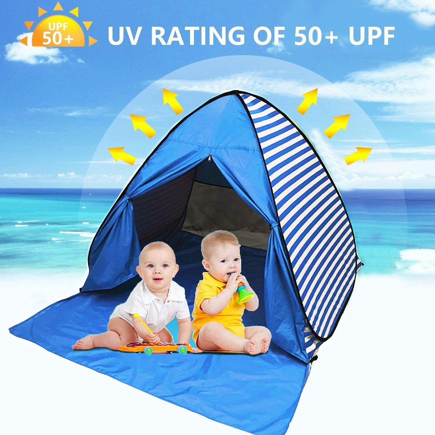 Pop Up Beach Tent Shade Sun Shelter UPF 50+ Canopy Cabana 2-3 Person for Adults Baby Kids Outdoor Activities Camping Fishing Hiking Picnic Touring(Dark Blue Stripes)