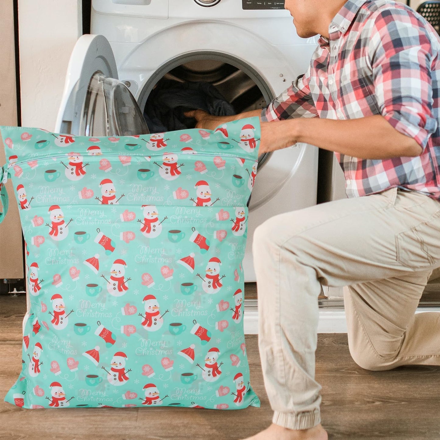 2pcs Travel Waterproof Laundry Bag, Cloth Diaper Wet Dry Bags with Handle & 2 Zipper Pockets, Reusable Washable Dirty Clothes Bag for Baby Adult Travelling Hanging, Bathing Beach Pool Daycare