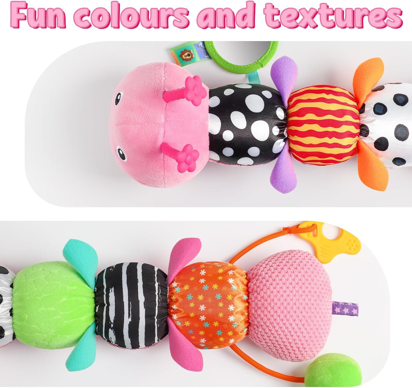 LIGHTDESIRE Baby Toys Musical Caterpillar,Infant Toys Stuffed Animals with Ruler Design,Mirror,Pull String&Ring Bell,Baby Teething Toys for Tummy Time Toys Newborn Gifts 3 6 12 Months(Pink,Leafy Limb)