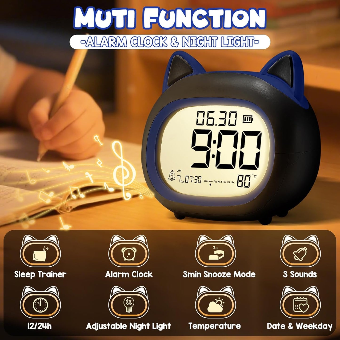 Kids Alarm Clock with Night Light for Kids, Small Digital Alarm Clocks for Bedrooms, Routine Builder, Cute Cat Alarm Clock with Sleep Training, Snooze, 12/24H, Date & Day, Temperature, USB Port