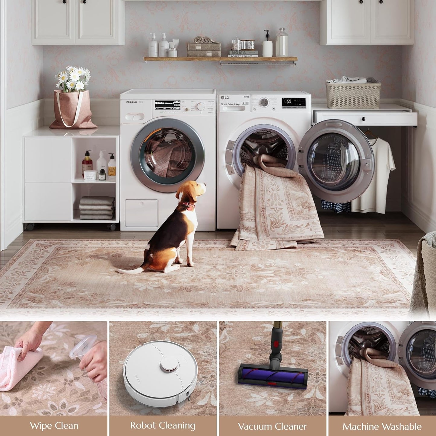 jinchan Vintage Floral 3x5 Area Rugs for Entryway - Machine Washable Distressed Design Ultra-Thin Low-Pile Soft Non-Shedding Carpet for Kitchen Bedroom Entrance Laundry Living Room (3x5ft,Coral Pink)