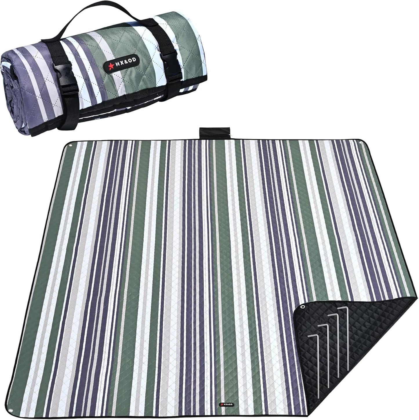 HX&OD Outdoor Picnic Blanket Extra Large, 80''*60'' Waterproof Picnic Mat with Stakes Foldable Camping Blanket Portable with Carry Strap for Beach Mat (Green& White, 80''*60'')