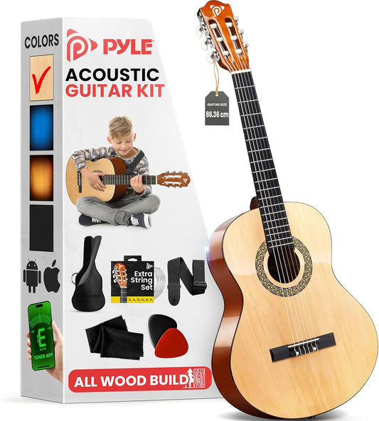 Pyle Beginner Acoustic Guitar Kit, 1/2 Junior Size All Wood Instrument for Kids, Adults, 34" Natural Ash