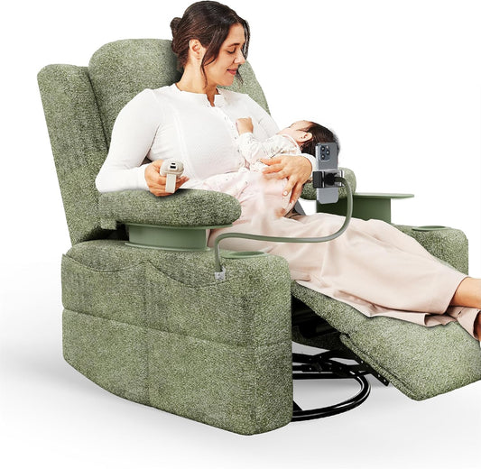 Rocking Chair Nursery with Adjustable Armrests, Electric Glider Recliner Nursing Chair for Breastfeeding, Power Swivel Recliner Chairs with USB Port and Storage, FSC Certified (Moss, Fabric)