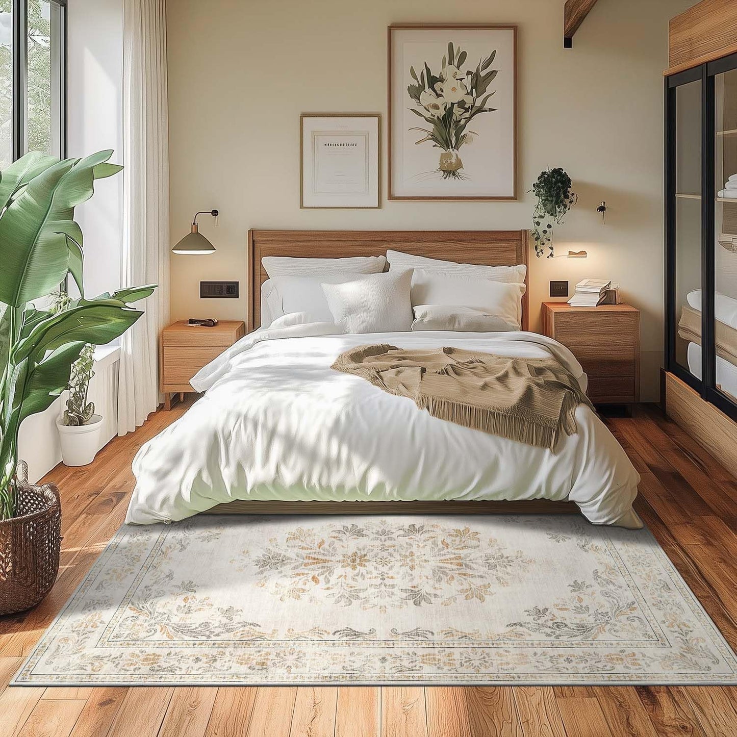 jinchan Vintage Floral 5x7 Area Rugs - Machine Washable Distressed Design Soft Ultra-Thin Low-Pile Non-Slip Carpet for Kitchen Bedroom Nursery Living Room Dining Room Home Office (5x7ft,Light Grey)