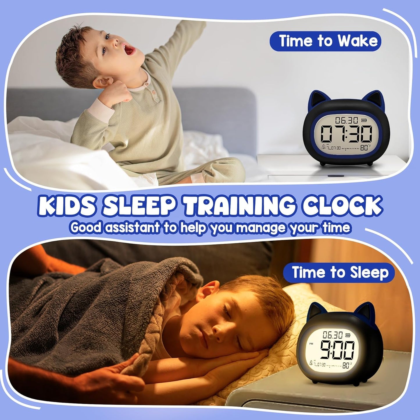 Kids Alarm Clock with Night Light for Kids, Small Digital Alarm Clocks for Bedrooms, Routine Builder, Cute Cat Alarm Clock with Sleep Training, Snooze, 12/24H, Date & Day, Temperature, USB Port