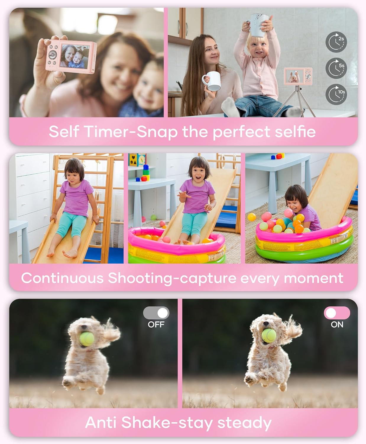 WONNIE Digital Camera 56MP, FHD 1080P Point & Shoot Camera with 32GB SD Card, 2 Batteries, and Lanyard, Ideal for Kids & Teens, Suitable Gift for Girls Pink, 3-Pack