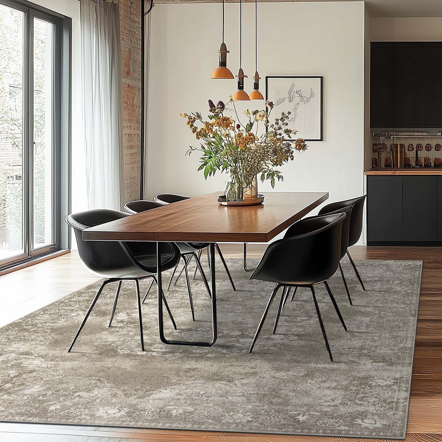 jinchan Washable Area Rug 8x10 for Living Room - Soft Faux Wool Ultra-Thin Stain Resistant Non-Slip Distressed Vintage Floral Large Carpet for Bedroom,Dining Room,Home Office,Nursery(Brown, 8'x10')