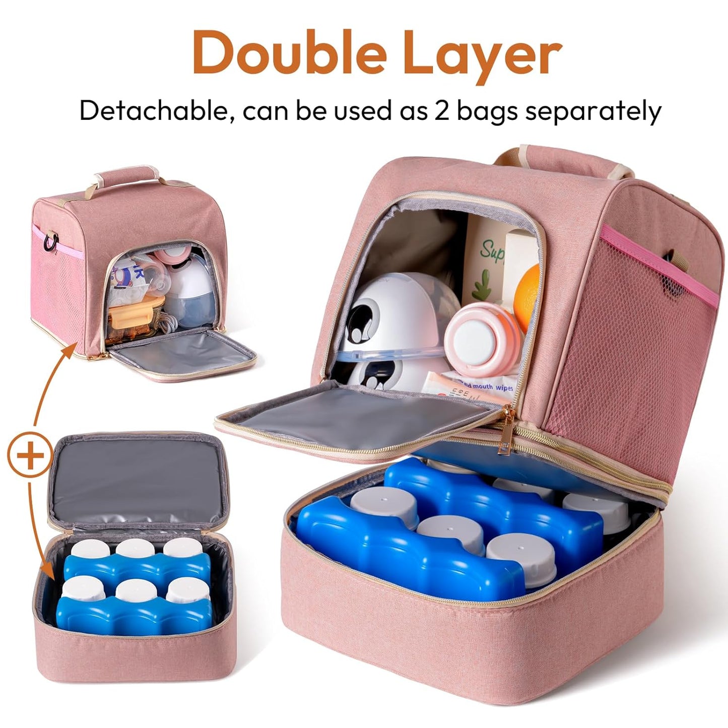 NCVI Breast Pump Bag, Double Layer Removable Pump Bag for Spectra S1, S2, Medela, Breast Pump Backpack with Ice Pack, Insulated Breast Milk Cooler Bag for Working Nursing Moms, Pink