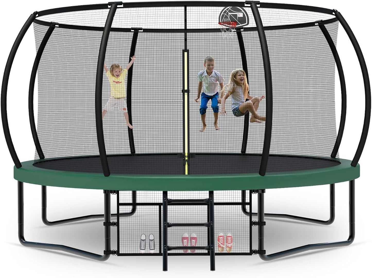 Tatub Large Trampolines Outdoor 10 12 14 15 16FT for Kids and Adults,Outdoor Recreational Pumpkin Trampolines with Curved Poles and Safety Enclosure Net, Basketball Hoop, Ladder