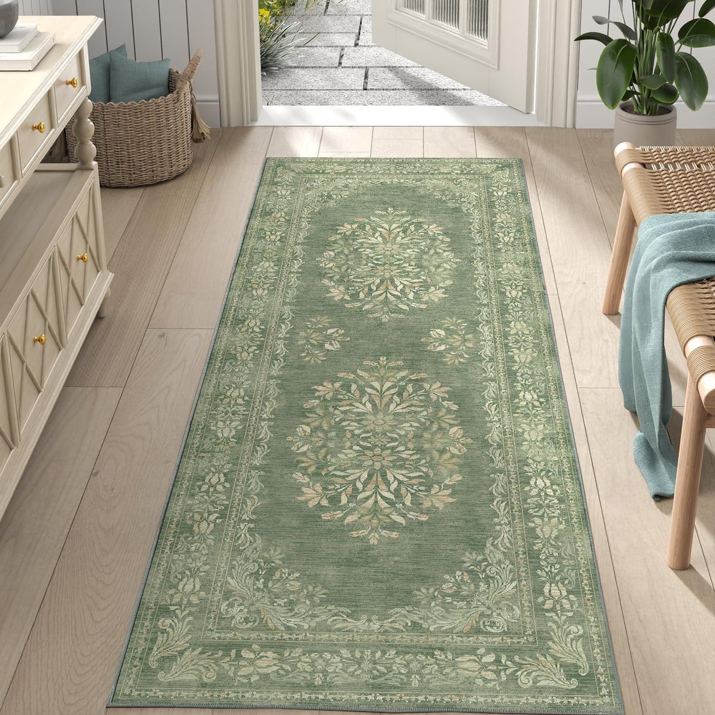 jinchan Vintage Floral Runner Rug 2x6 - Machine Washable Distressed Design Non-Slip Low-Pile Soft Thin Carpet for Hallway Kitchen Farmhouse Bedroom Entryway Laundry Room (2x6ft,Dark Green)