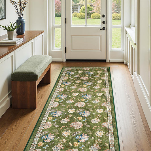jinchan 3x8 Floral Runner Rug for Hallway Washable Kitchen Runner Vintage Romance Design Non Slip Thin Indoor Floor Cover Low-Profile Throw Carpet for Entryway Bathroom Bedroom Porch, Green
