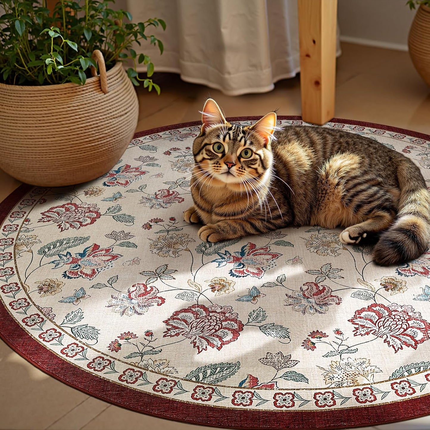 jinchan 5ft Floral Round Rug for Entryway Washable Kitchen Rug Vintage Romance Design Non Slip Indoor Doormat Lightweight Low-Profile Throw Carpet for Living Room Dining Room Bedroom, Red/Beige