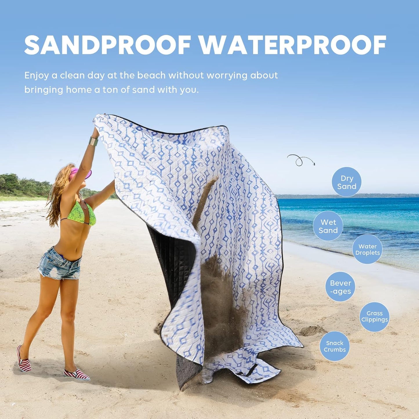 ZAZE Beach Blanket Picnic Blankets Waterproof Sandproof with Stakes, Thick 3-Layer 80 * 80 Oversized Mat, Extra Large Big Machine Washable, Foldable Accessories Outdoor Camping Park (Blue White)