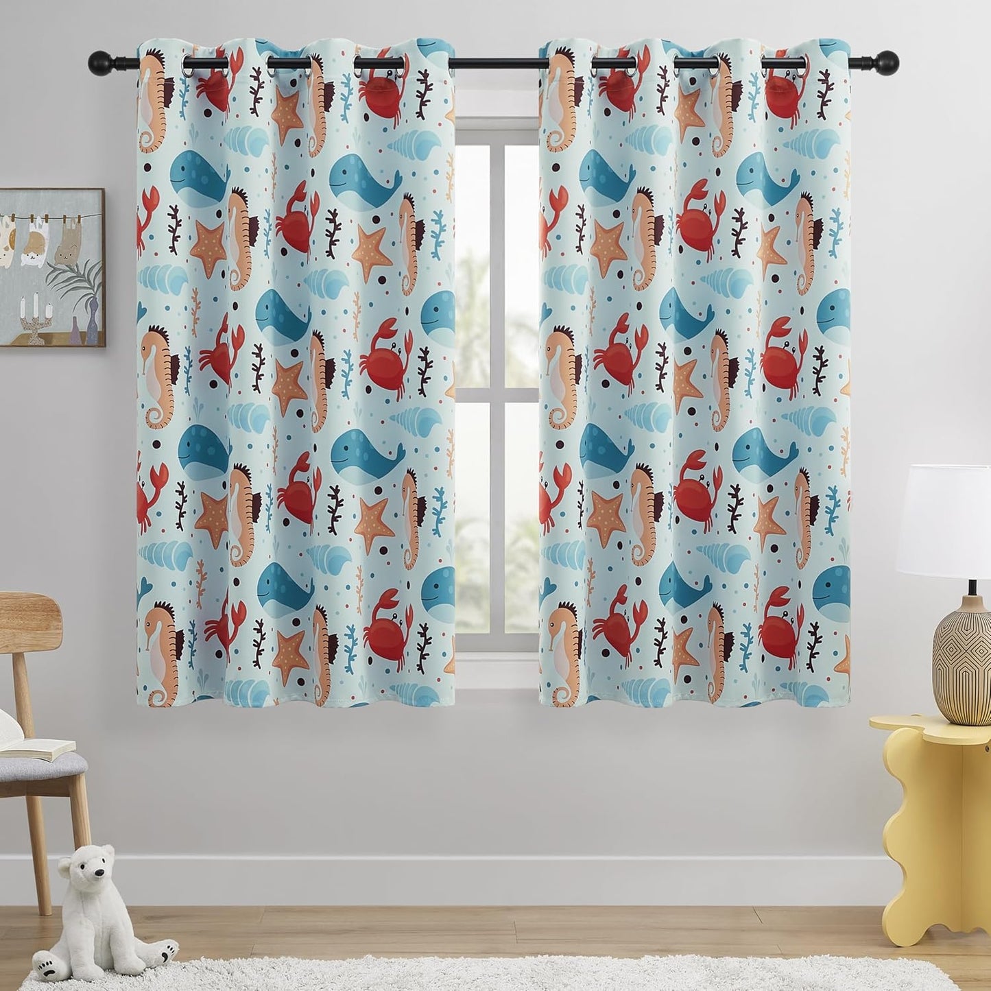 Kids Blackout Curtains - Ocean Whale Design, 100% Blackout, 2 Panels, Each W52×L63, Thermal Insulated for Bedroom, Noise Reducing, Excellent Colorfastness, Dive into an Underwater Adventure