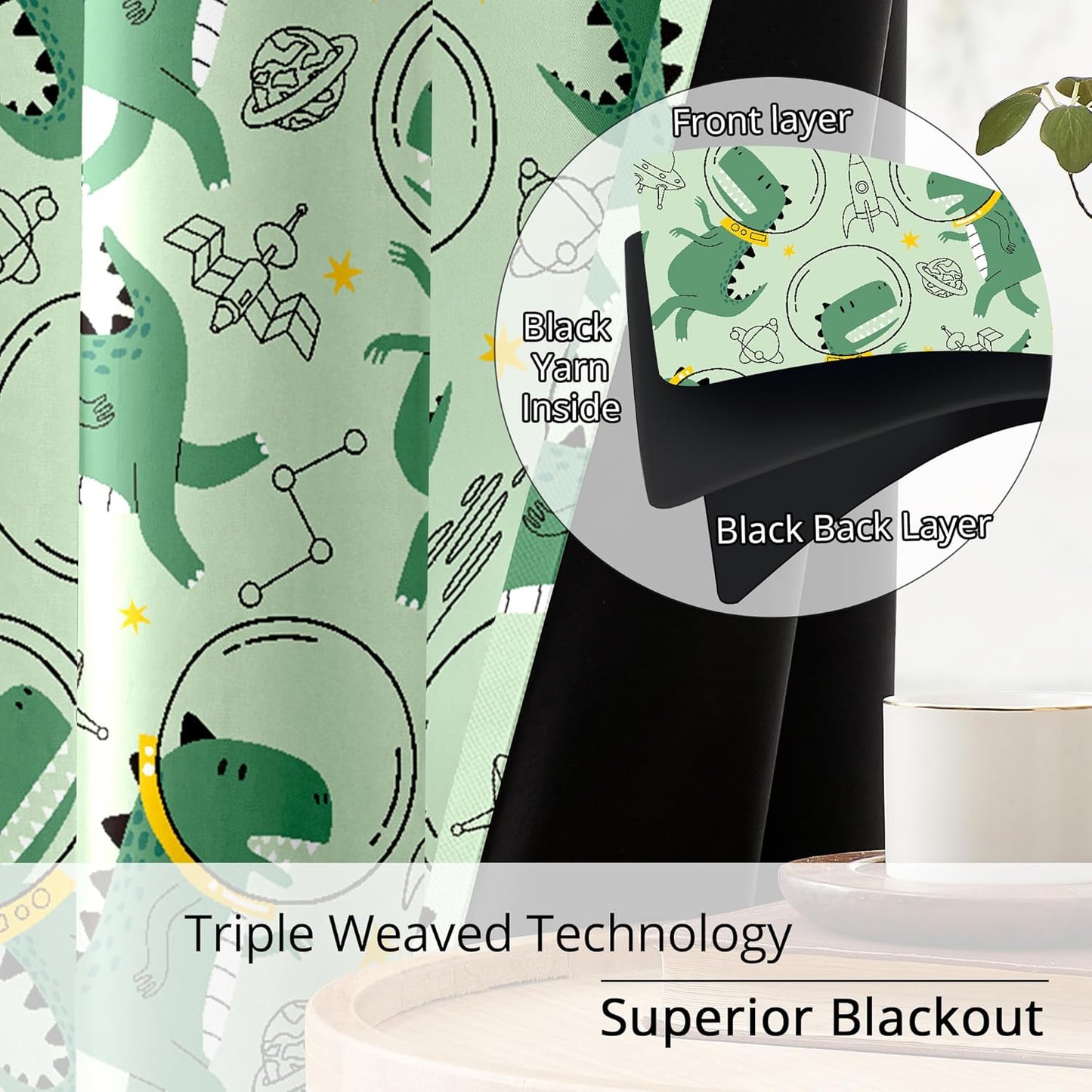 Kids Space Dino Blackout Curtains - 100% Blackout, Thermal Insulated, Noise Reducing, Perfect for Kids Room and Nursery, 2 Panels (Cosmo Dino Green, W52×L84)