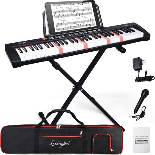 Lexington 61 Key Keyboard Piano, Complete Electronic Piano Keyboard Set for Beginners Adults, Portable Music Keyboard with Lighted Keys, Teaching Modes, Stand, Case, Microphone (61-Key Black)