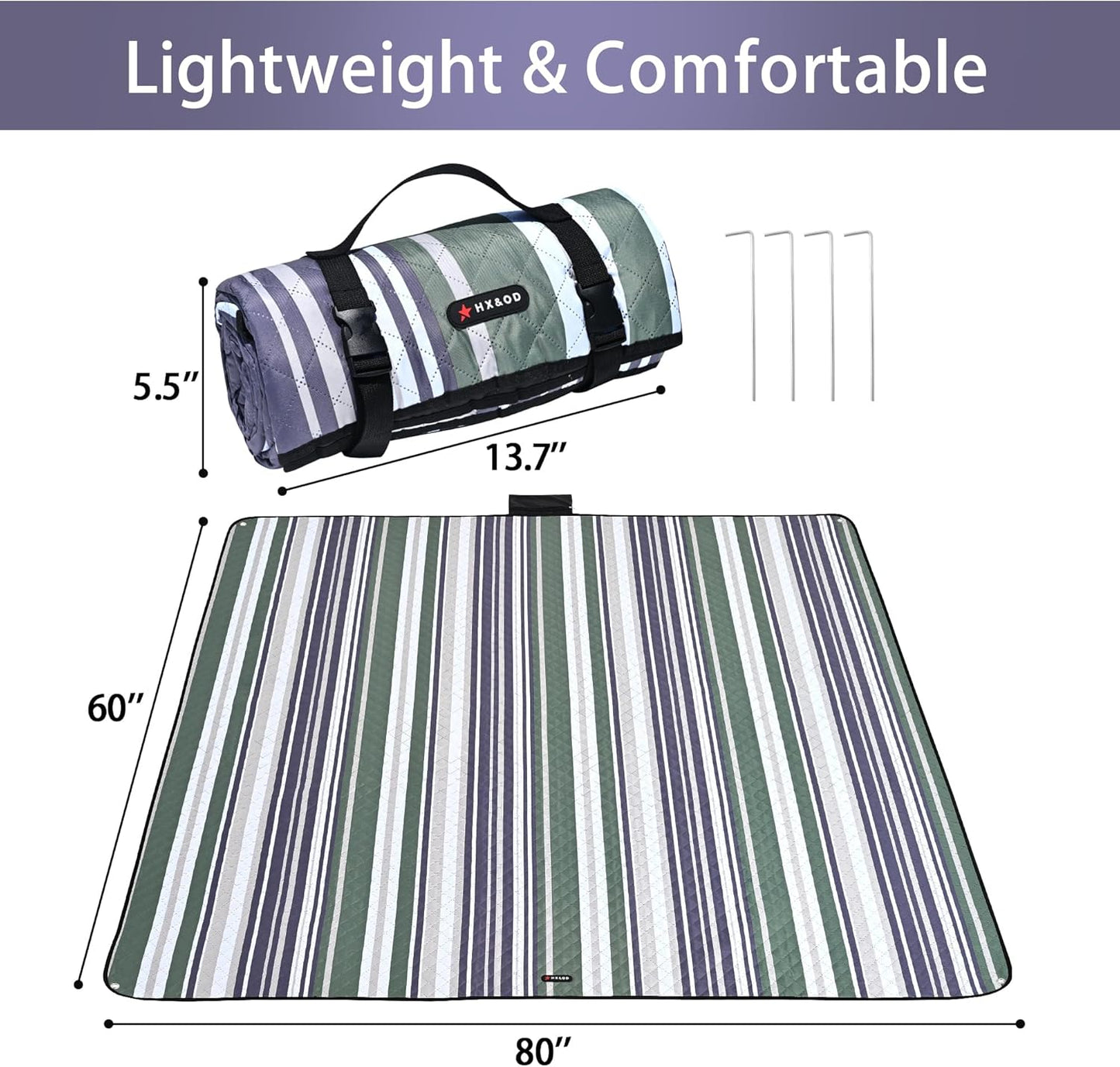 HX&OD Outdoor Picnic Blanket Extra Large, 80''*60'' Waterproof Picnic Mat with Stakes Foldable Camping Blanket Portable with Carry Strap for Beach Mat (Green& White, 80''*60'')