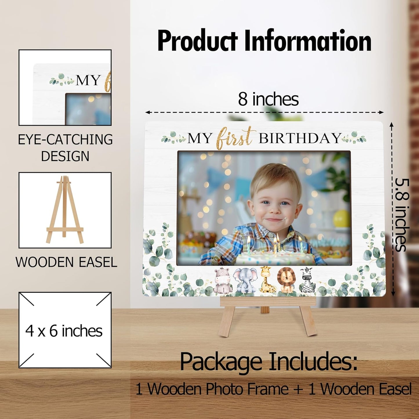My 1st Birthday Picture Frames, Safari Animal Wooden 4x6 Photo Frame with Easel, Baby Wild One Birthday Gifts for Home Office Tabletop Display Decorations - G03