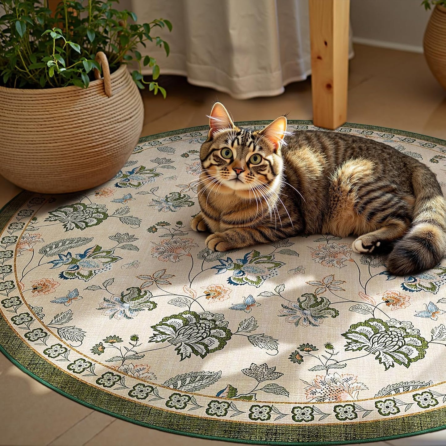 jinchan 6ft Floral Round Rug for Dining Room Washable Living Room Rug Vintage Romance Design Non Slip Indoor Floor Cover Lightweight Low-Profile Throw Carpet for Bedroom Porch Patio, Green/Beige