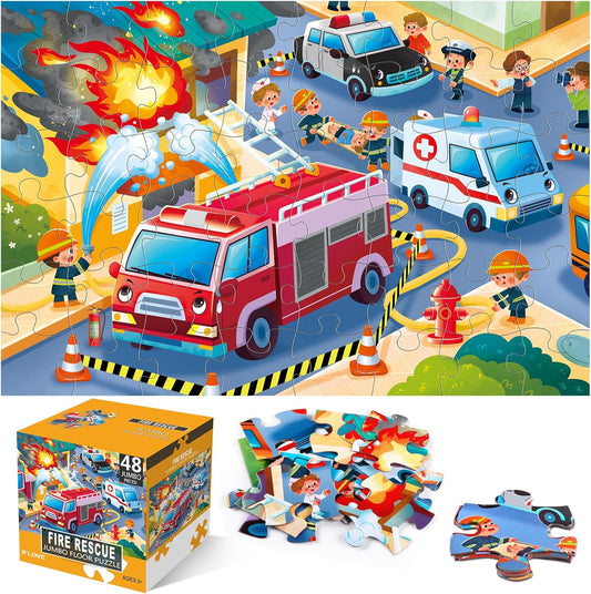 Jumbo Floor Puzzle for Kids,Fire Rescue Jigsaw Large Puzzles,48 Piece Firefighter Fireman Fire Truck Puzzle for Toddler Ages 3-5,Children Learning Preschool Educational Toys,Gift for 4-8 Years Old