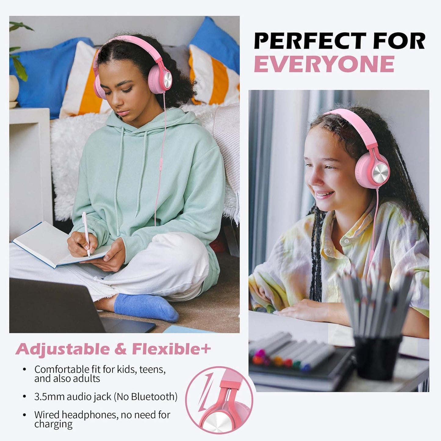AILIHEN C8 Girls Headphones, On-Ear Headphones Wired with Microphone and Volume Control Foldable Corded Stereo 3.5mm Headset for Girls School Chromebook Laptop Computer PC Tablets Travel (Pink)