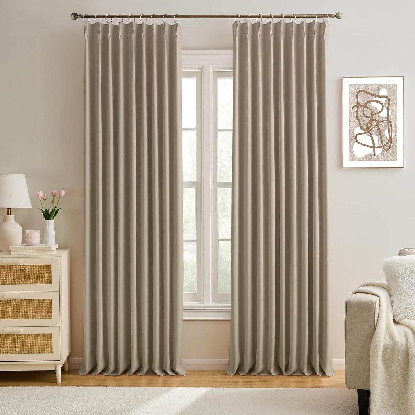KEQIAOSUOCAI 60 Wide Pinch Pleated Window Curtain Panels 90 Inches Long Custom Made Pleated Curtains Hooks Track Privacy Memory Shape Drape for Living Room,Khaki, Set of 2=120 Inch Wide