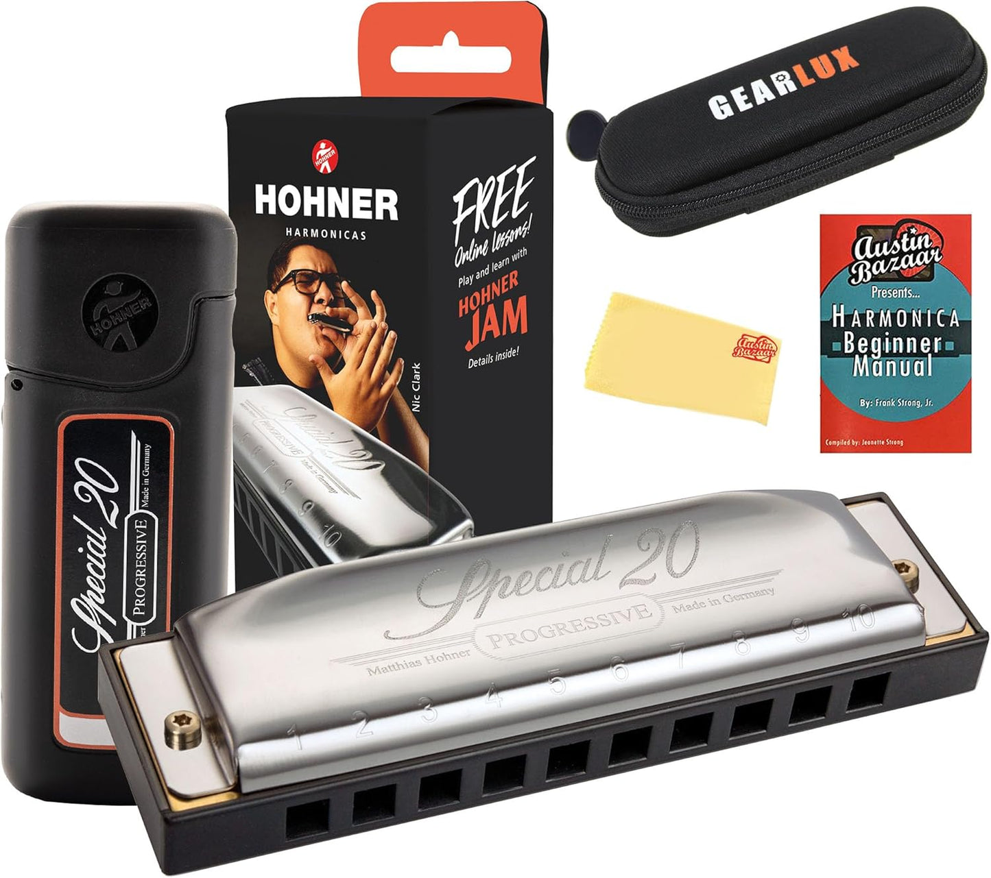 Hohner Special 20 Harmonica - Key of C Bundle with Zip Case, Instructional Manual, and Austin Bazaar Polishing Cloth