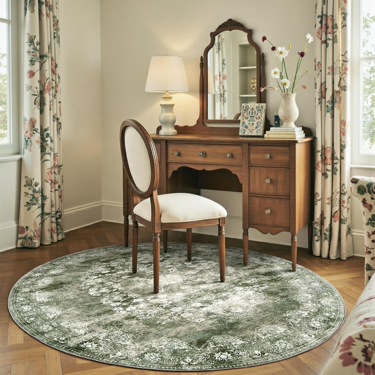 jinchan Round Rug 6ft Area Rug - Green Vintage Floor Mat Kitchen Indoor - Washable Circle 6' Thin Floral Print Carpet Retro Farmhouse Non Slip Dining Room Living Room Bedroom Office