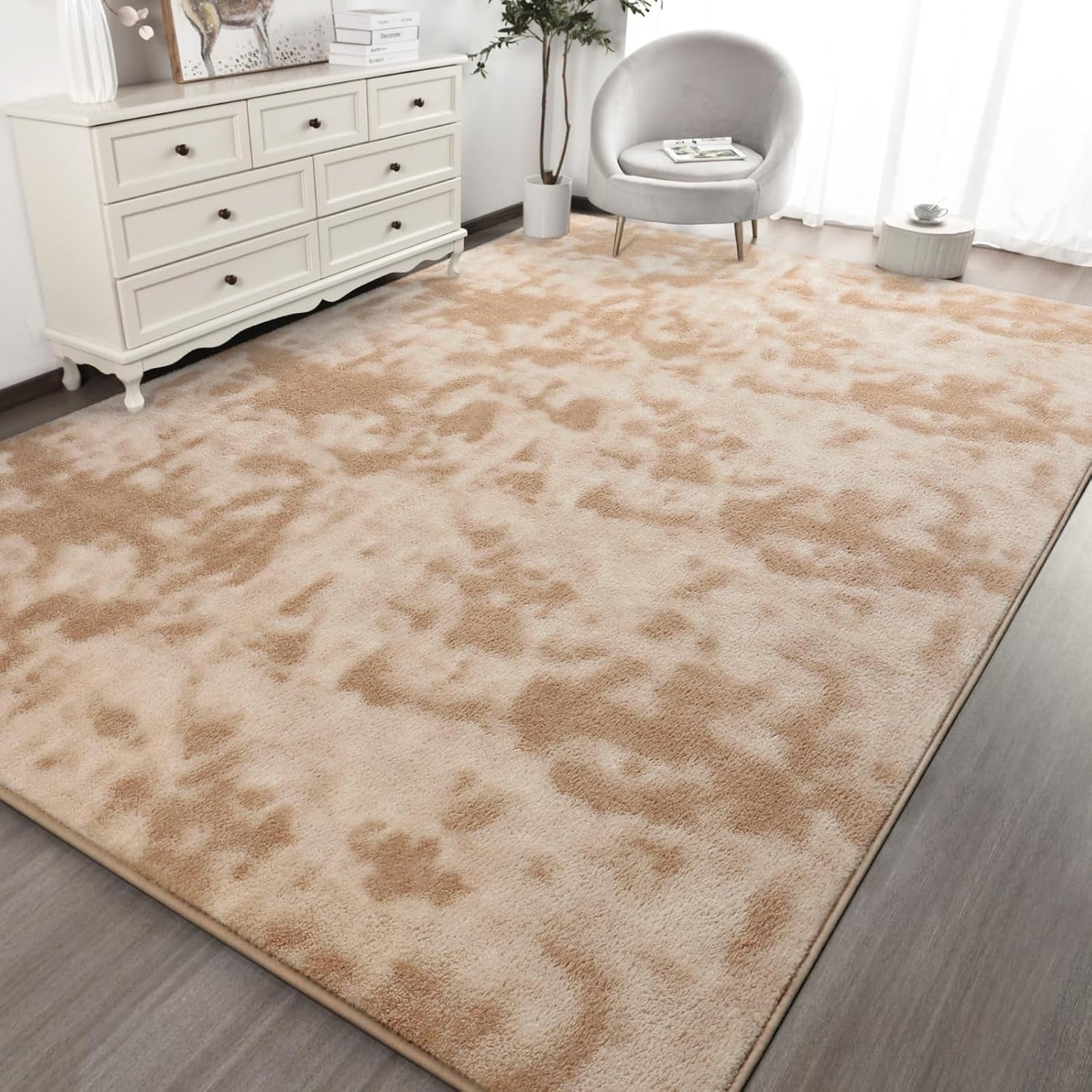 Kimicole 4x6 Washable Area Rugs for Bedroom Living Room, Low Pile Ulta-Thin Solid Color Rug, Non-Slip Soft Fluffy Carpet for Nursery Kids Room Dorm Room Home Decor (Light Tan)