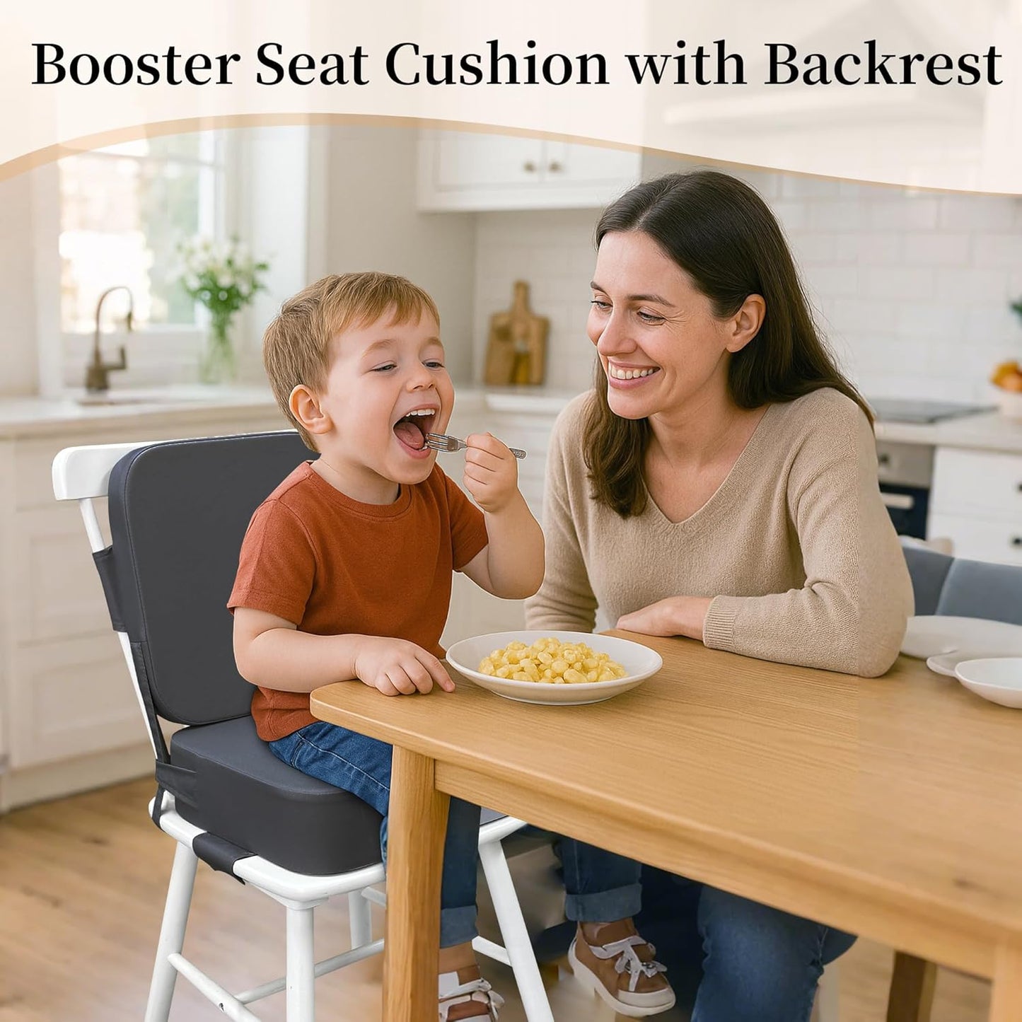 Toddler Booster Seat for Dining Table with Backrest and Adjustable Straps, Waterproof Oxford Foam Cushion with Non-Slip Bottom, Portable Chair Booster for Kitchen Use (Dark Grey)