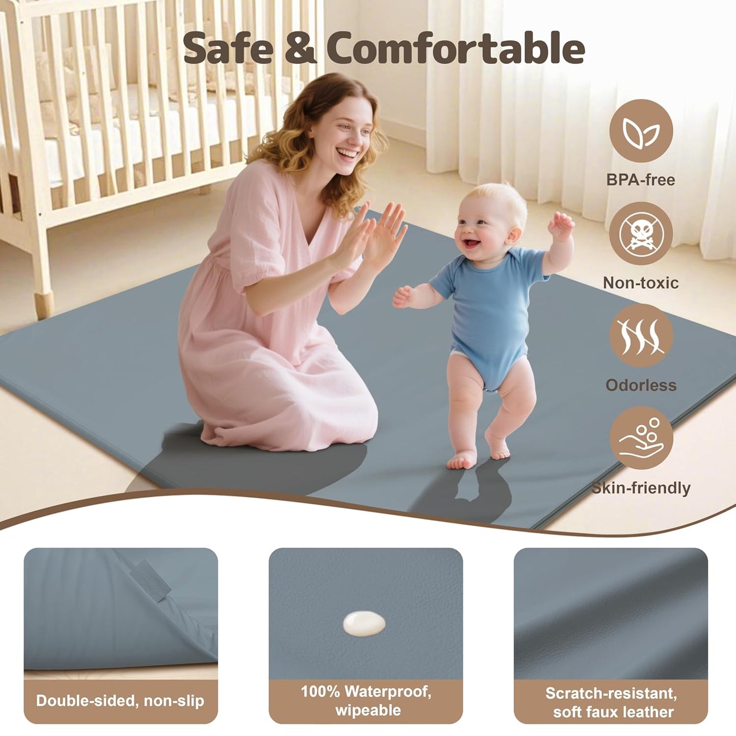 Baby Play Mat 47x47 Inches, Extra Thick 1.2" Foam Floor Mat for Tummy Time & Crawling, Waterproof Non-Slip Faux Leather Playpen Mat for Infants Toddlers, Indoor Outdoor Gym Activity, Blue