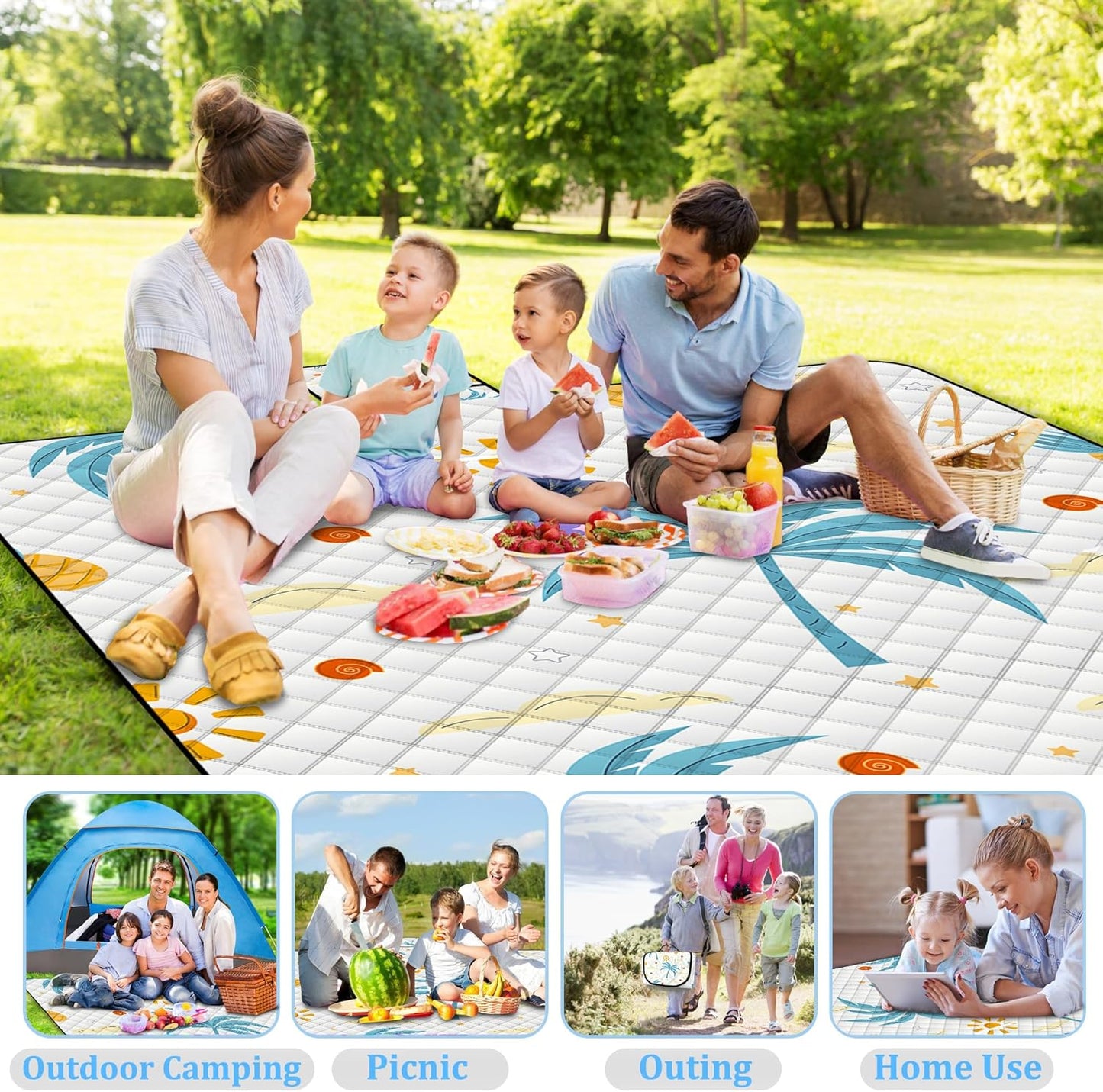 Extra Large Picnic Blanket Waterproof,80"x 80"Foldable Machine Washable Beach Blanket,Outdoor Blanket for 6-8 Adults,Suitable for Indoor Crawling,Park Beach,Camping,Hiking,Family Travel(Island)