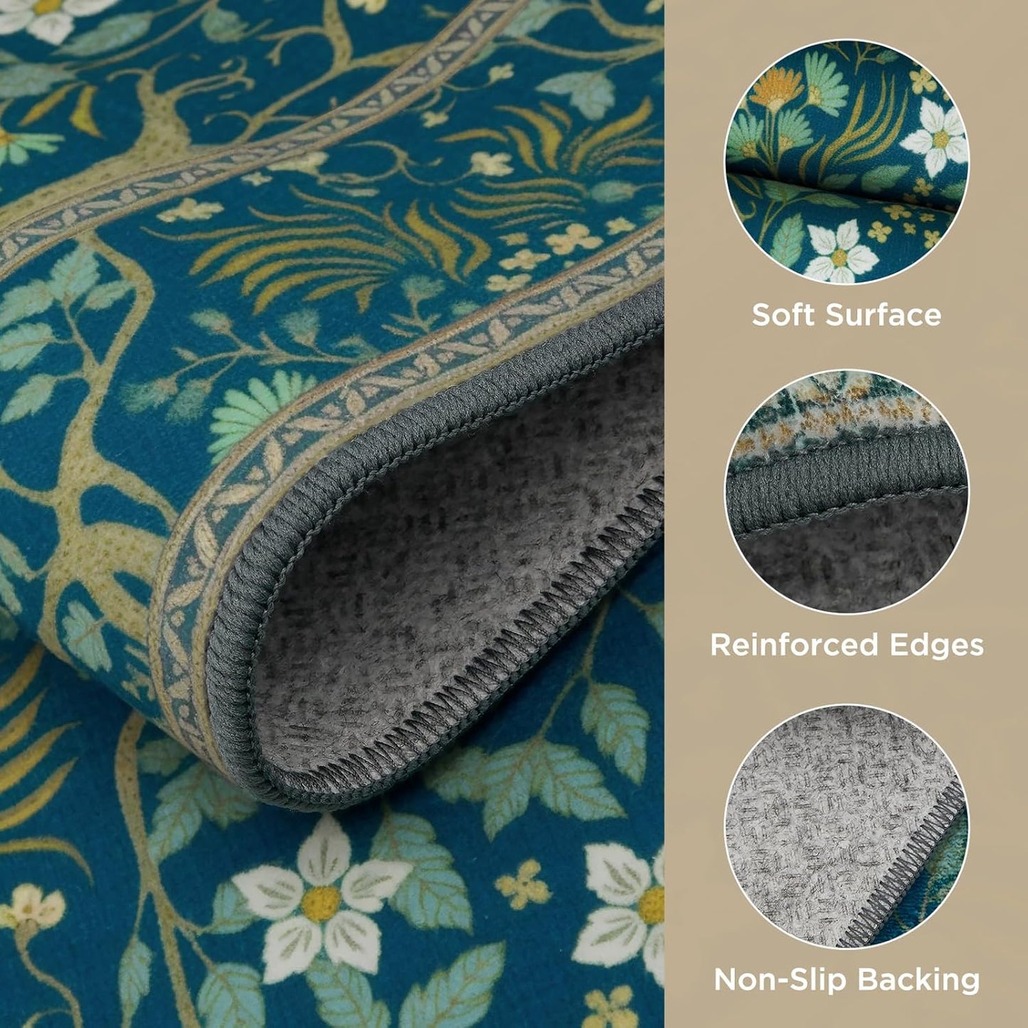 Joydeco Washable Large Area Rug 8x10, Boho Floral Rugs for Living Room Non Slip, Soft Low-Pile Botanical Forest Indoor Floor Throw Carpet for Dining Home Office Playroom, Dark Blue