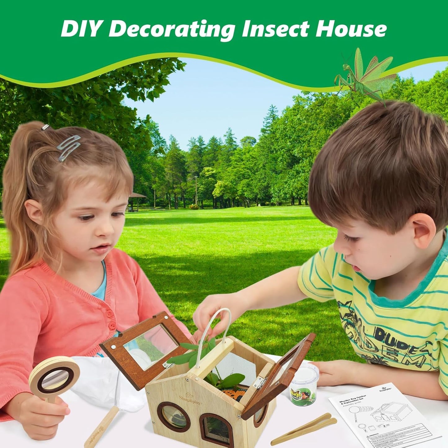 Kids Bug Catching Kit, 6-in-1 Nature Discovery Kit with Breathable Wooden Critter Habitat House, 15 Insert Cards, Magnifying Glass, Butterfly Net, Summer Outside Toys, Gift for Boys & Girls