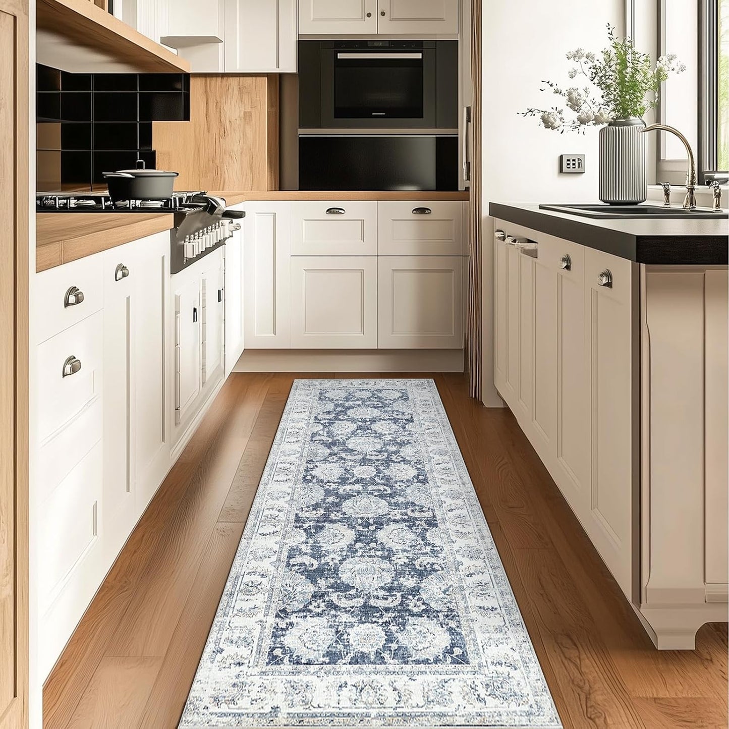 jinchan Runner Rug 2x7 Machine Washable Hallway Rug Dark Blue Vintage Floral Print Non-Slip Low Pile Ultra-Thin for Kitchen,Entryway,Laundry Room,Bedroom,Farmhouse (2‘x7’,Dark Blue)