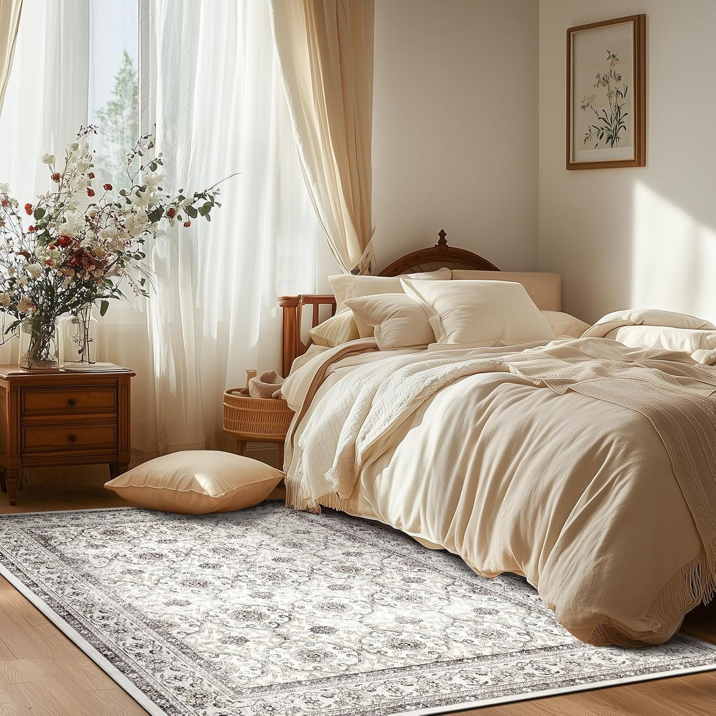 jinchan Floral Area Rugs 4x6 - Machine Washable Vintage Distressed Boho Design Throw Rug Stain Resistant Carpet Low Pile Ultra-Thin Non-Slip for Bedroom Living Room Dining Room Kitchen (4‘x6',Beige)