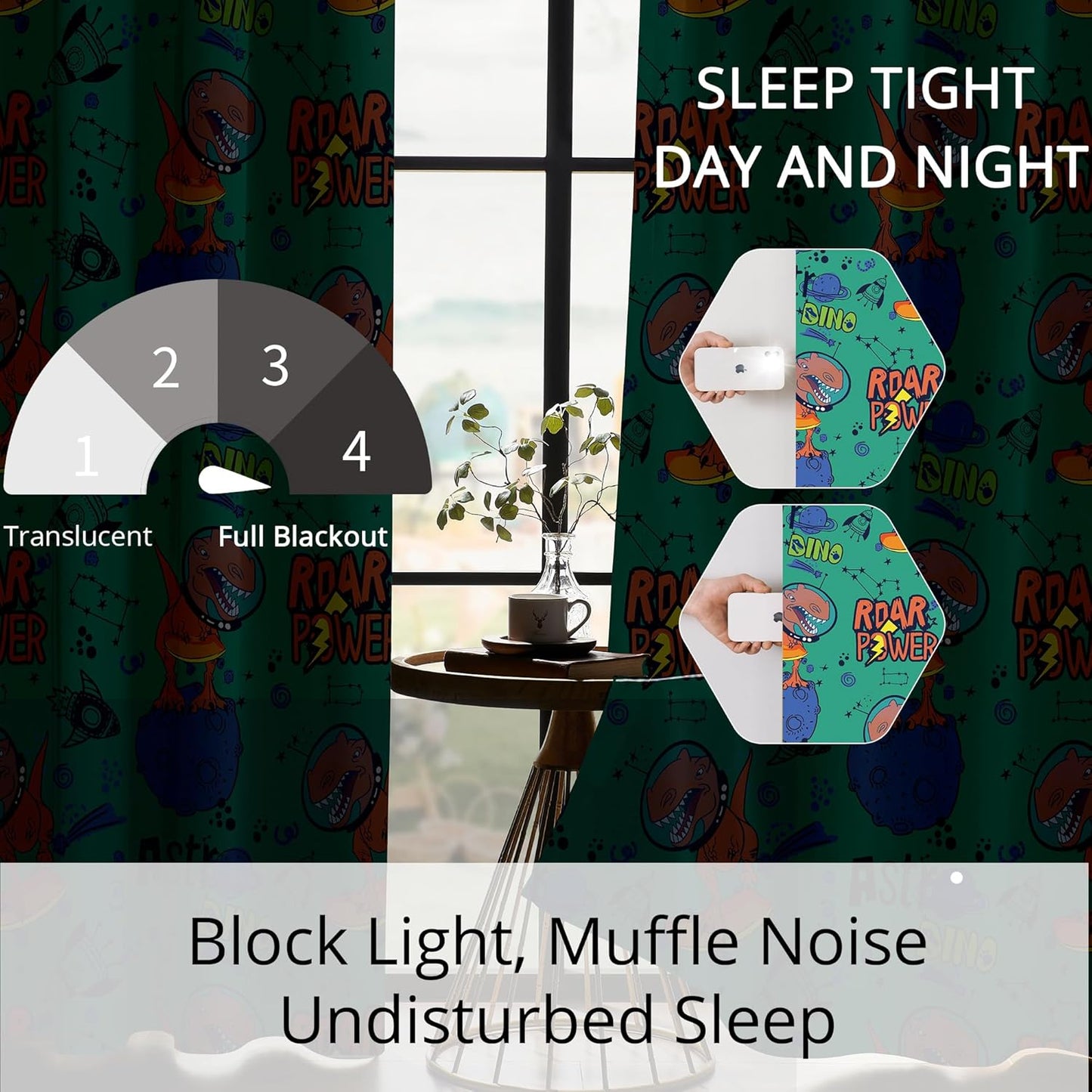 Kids Space Dinosaur Blackout Curtains - 100% Blackout, Thermal Insulated, Noise Reducing, Perfect for Kids Room and Nursery, 2 Panels (Roar Power Dino, W52×L84)