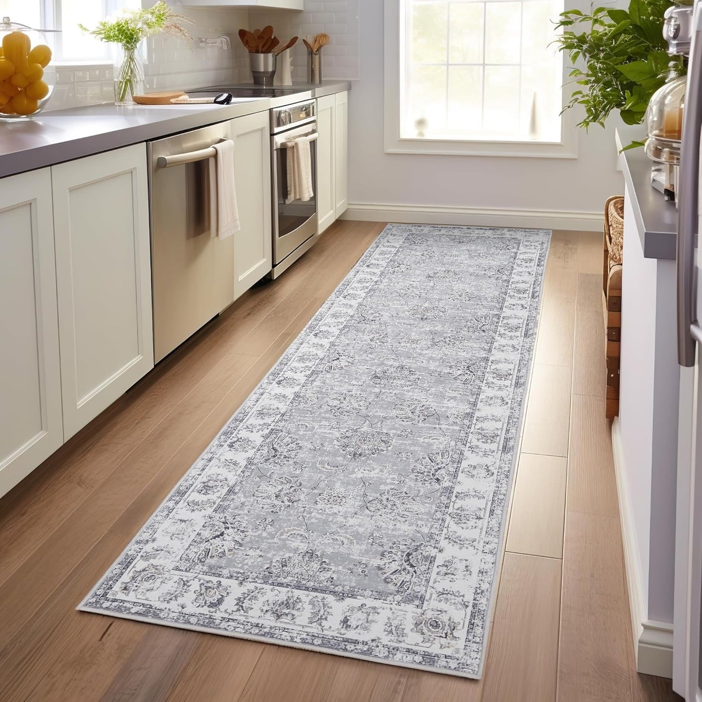 jinchan Hallway Runner Rug 3x8 Machine Washable Runner Rug Grey Vintage Floral Design Non-Slip Low Pile Ultra-Thin for Kitchen Laundry Room Bedroom Farmhouse (3‘x8',Grey)